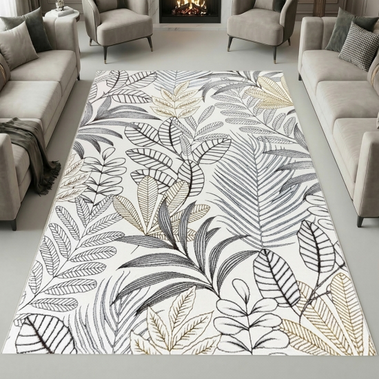 Moderner Kurzflorteppich Creme Blätterdesign mit Glanzoptik für Wohnzimmer Schlafzimmer und Flur