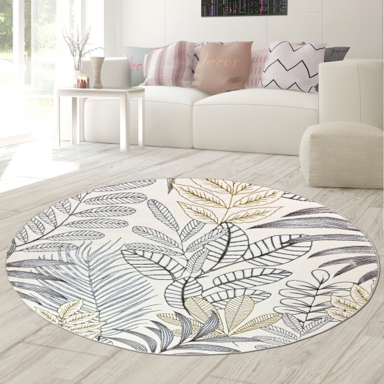 Preview: Moderner Kurzflorteppich Creme Blätterdesign mit Glanzoptik für Wohnzimmer Schlafzimmer und Flur