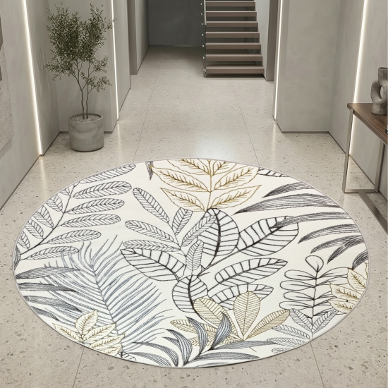 Preview: Moderner Kurzflorteppich Creme Blätterdesign mit Glanzoptik für Wohnzimmer Schlafzimmer und Flur
