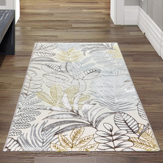 Preview: Moderner Kurzflorteppich Creme Blätterdesign mit Glanzoptik für Wohnzimmer Schlafzimmer und Flur