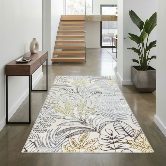Preview: Moderner Kurzflorteppich Creme Blätterdesign mit Glanzoptik für Wohnzimmer Schlafzimmer und Flur
