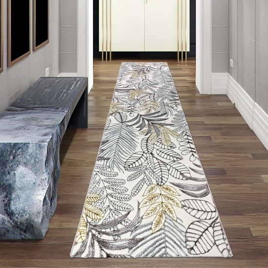 Preview: Moderner Kurzflorteppich Creme Blätterdesign mit Glanzoptik für Wohnzimmer Schlafzimmer und Flur