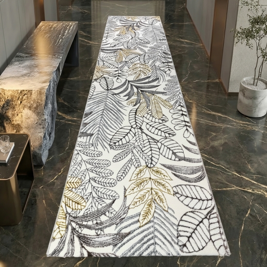 Preview: Moderner Kurzflorteppich Creme Blätterdesign mit Glanzoptik für Wohnzimmer Schlafzimmer und Flur