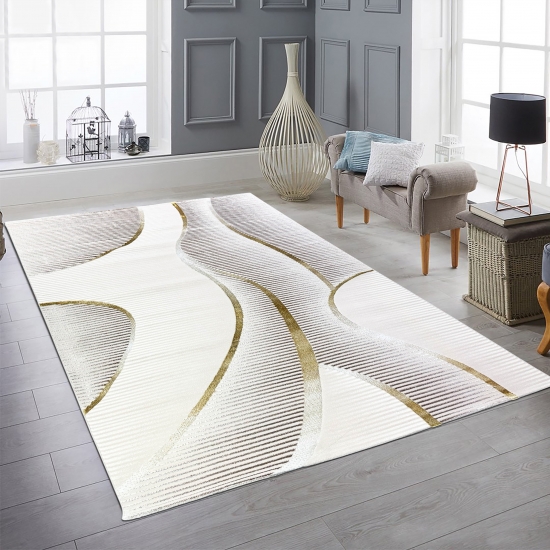 Moderner Wohnzimmerteppich pflegeleicht mit geschwungenem 3D-Design in Creme