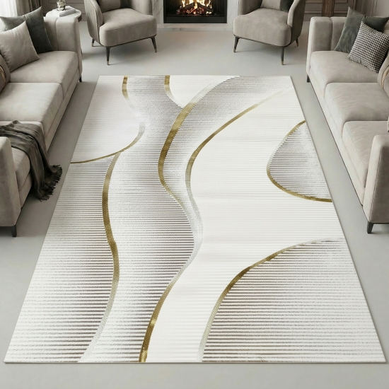 Moderner Kurzflorteppich Creme geschwungene Linien mit Glanzoptik für Wohnzimmer Schlafzimmer und Flur