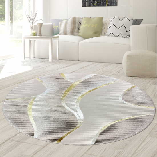 Preview: Moderner Kurzflorteppich Creme geschwungene Linien mit Glanzoptik für Wohnzimmer Schlafzimmer und Flur