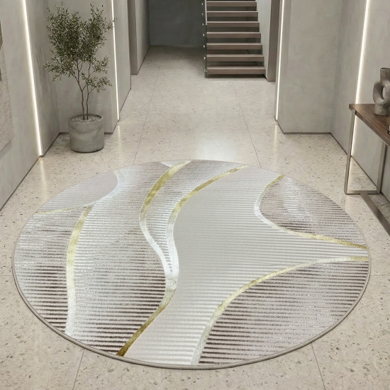 Preview: Moderner Kurzflorteppich Creme geschwungene Linien mit Glanzoptik für Wohnzimmer Schlafzimmer und Flur