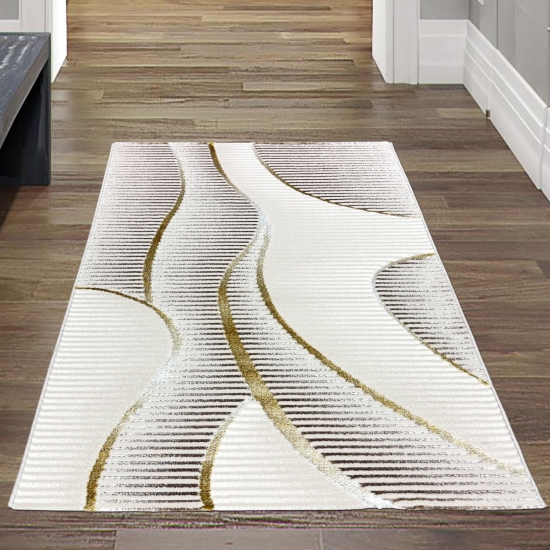 Preview: Moderner Kurzflorteppich Creme geschwungene Linien mit Glanzoptik für Wohnzimmer Schlafzimmer und Flur