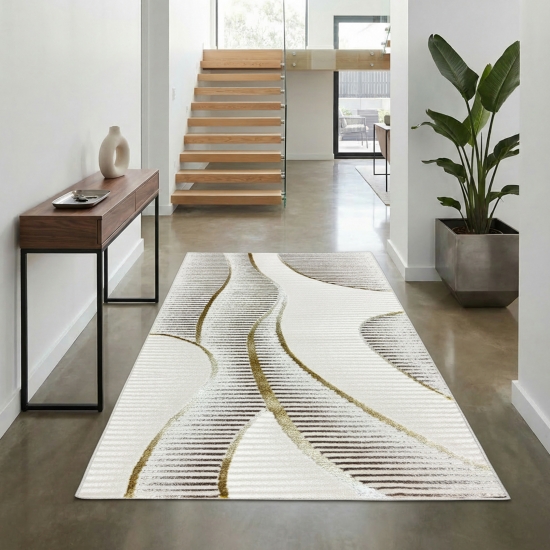 Preview: Moderner Kurzflorteppich Creme geschwungene Linien mit Glanzoptik für Wohnzimmer Schlafzimmer und Flur