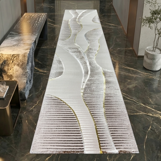 Preview: Moderner Kurzflorteppich Creme geschwungene Linien mit Glanzoptik für Wohnzimmer Schlafzimmer und Flur