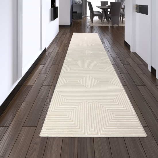 Preview: Moderner Kurzflorteppich Creme geometrisches Design mit Glanzstruktur für Wohnzimmer Schlafzimmer und Flur