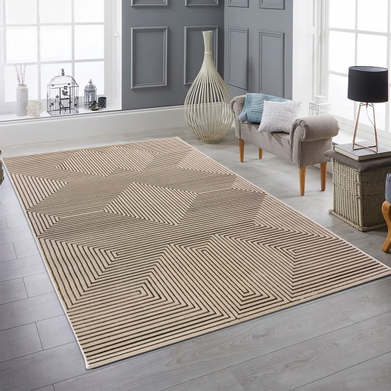Moderner Wohnzimmerteppich pflegeleicht geometrisches Muster in Beige