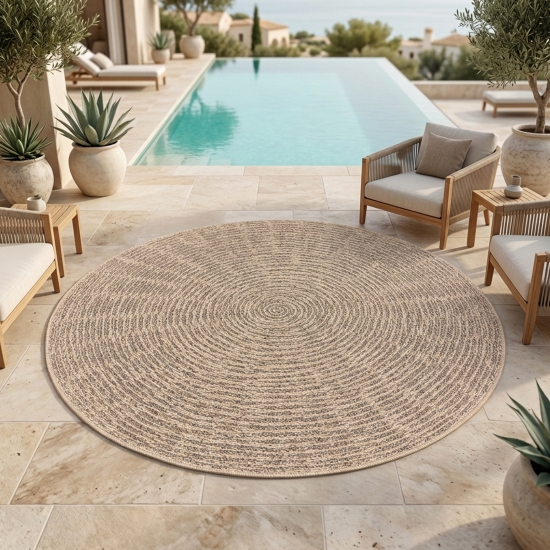 Preview: In- und Outdoor Teppich Beige mit Kreisstruktur und Flachgewebe