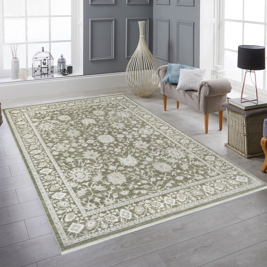 Teppich Grün Beige Vintage floral elegant weich Wohnzimmer stilvoll