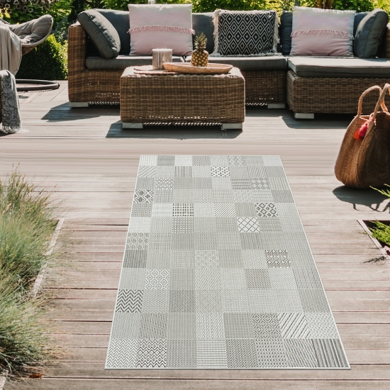Outdoorteppich Terrasse Wohnzimmer pflegeleicht wetterfest Fliesen Muster in grau