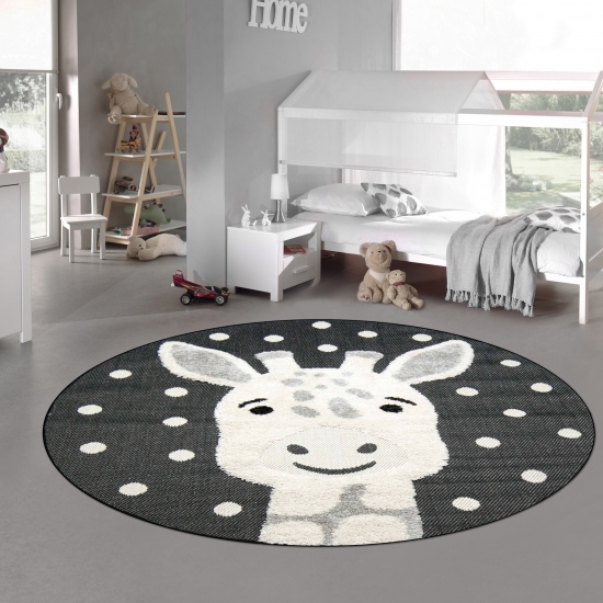 Kinderzimmer Teppich Baby Spielteppich 3D Optik High Low Effekt Giraffe creme grau schwarz