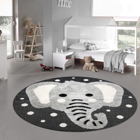 Kinderzimmer Teppich Baby Spielteppich 3D Optik High Low Effekt Elefant creme grau schwarz