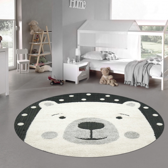 Kinderzimmer Teppich Baby Spielteppich 3D Optik High Low Effekt Eisbär creme grau schwarz
