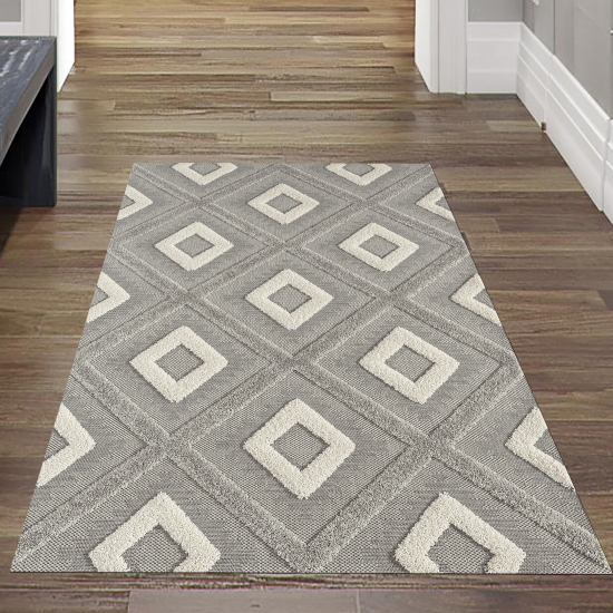Preview: Moderner Wohnzimmerteppich Schlafzimmerteppich mit Rautenmuster in Grau und Beige – Hoch-Tief-Effekt Preview: Moderner Wohnzimmerteppich Schlafzimmerteppich mit Rautenmuster in Grau und Beige – Hoch-Tief-Effekt