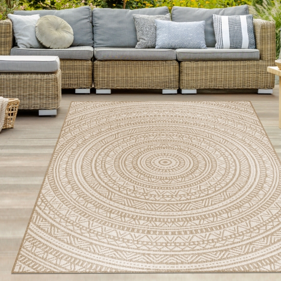 Ethno-Outdoor-Teppich Terrassenteppich rund in Beige und Weiß – Modern, robust und vielseitig