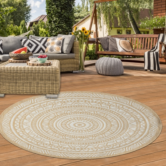 Preview: Ethno-Outdoor-Teppich Terrassenteppich rund in Beige und Weiß – Modern, robust und vielseitig