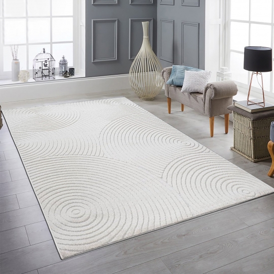 Teppich Outdoor modern mit Kreismuster in Creme – wetterfest & pflegeleicht