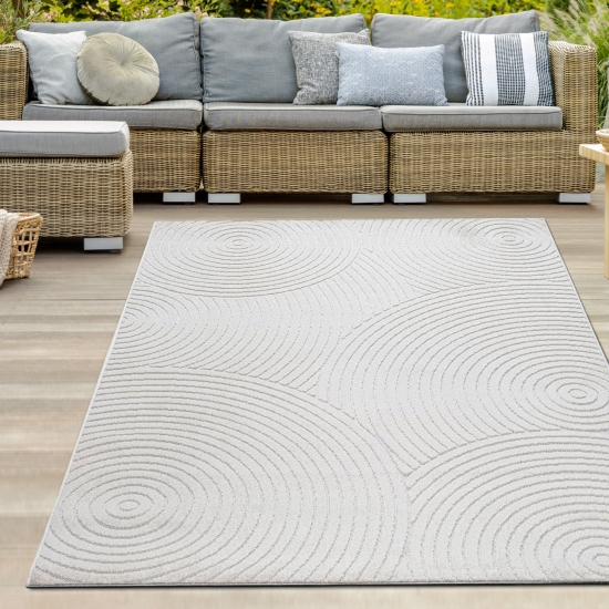 Teppich Outdoor modern mit Kreismuster in Creme – wetterfest & pflegeleicht