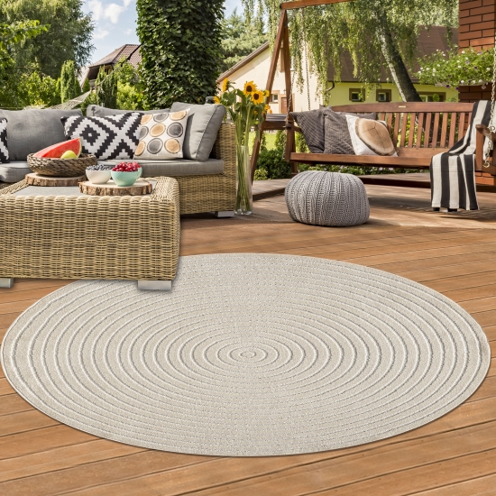 Outdoor Teppich Beige rund modern pflegeleicht für Balkon Terrasse
