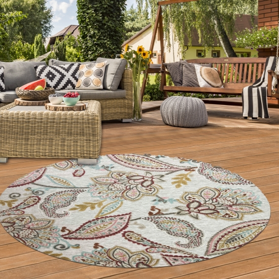 Preview: Robuster In- & Outdoor Teppich modern pflegeleicht & flachgewebt mit orientalischem Muster in Bunt