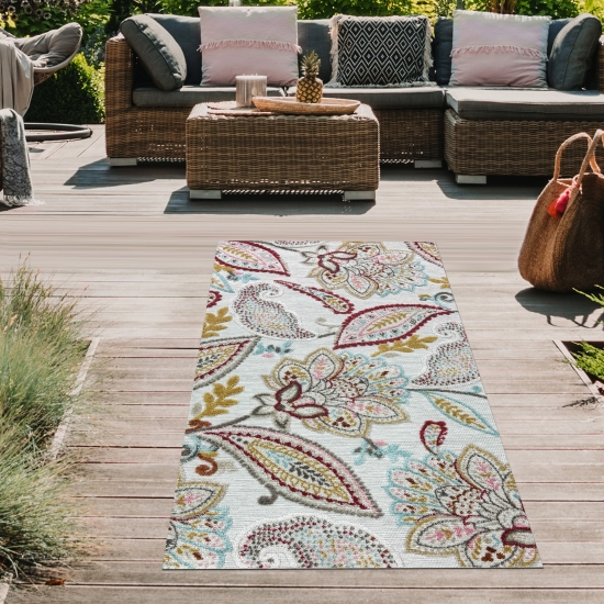 Preview: Robuster In- & Outdoor Teppich modern pflegeleicht & flachgewebt mit orientalischem Muster in Bunt