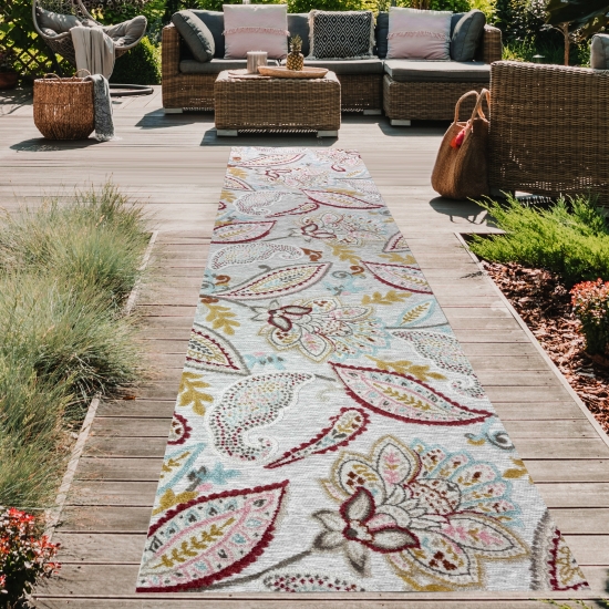 Preview: Robuster In- & Outdoor Teppich modern pflegeleicht & flachgewebt mit orientalischem Muster in Bunt