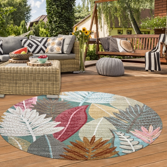 Preview: Moderner In- & Outdoor Teppich flachgewebt UV-beständig & robust mit Blattdesign Grün Rot Beige