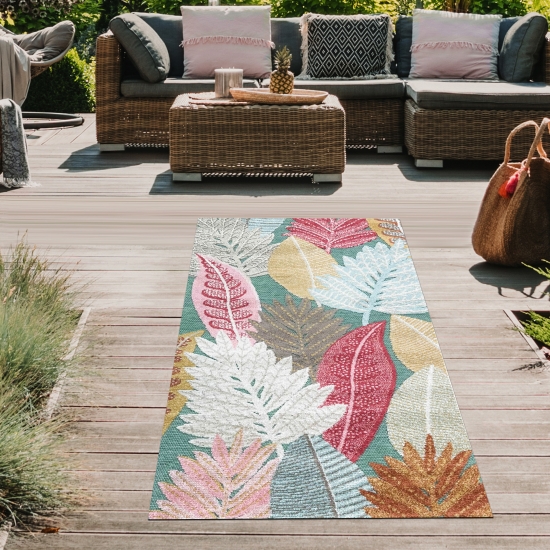 Preview: Moderner In- & Outdoor Teppich flachgewebt UV-beständig & robust mit Blattdesign Grün Rot Beige