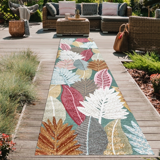 Preview: Moderner In- & Outdoor Teppich flachgewebt UV-beständig & robust mit Blattdesign Grün Rot Beige