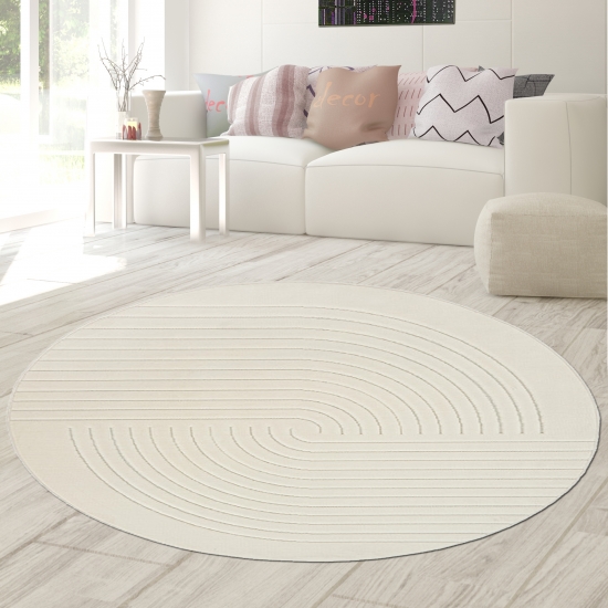 Preview: Wohnzimmerteppich mit niedrigem Flor und halbrundes Linienmuster in Creme Preview: Wohnzimmerteppich mit niedrigem Flor und halbrundes Linienmuster in Creme
