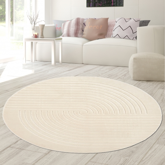 Preview: Wohnzimmerteppich mit niedrigem Flor und halbrundes Linienmuster in Beige Preview: Wohnzimmerteppich mit niedrigem Flor und halbrundes Linienmuster in Beige