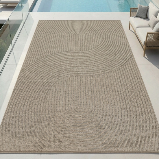 Teppich Outdoor grafisches Linienmuster wetterfest Terrasse Balkon Beige