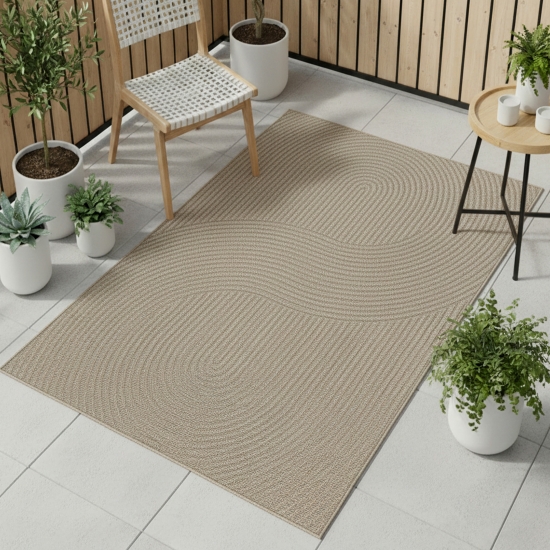 Preview: Teppich Outdoor grafisches Linienmuster wetterfest Terrasse Balkon Beige