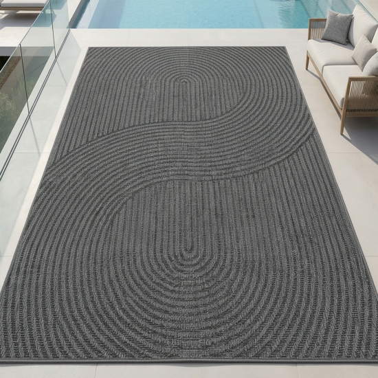 Teppich Outdoor grafisches Wellenlinien Design wetterfest Terrasse Balkon Anthrazit
