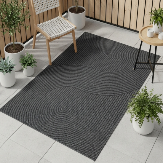 Preview: Teppich Outdoor grafisches Wellenlinien Design wetterfest Terrasse Balkon Anthrazit