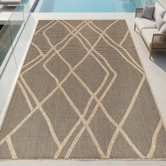 Teppich Outdoor grafisches Linien Design wetterfest Terrasse Balkon Braun Beige