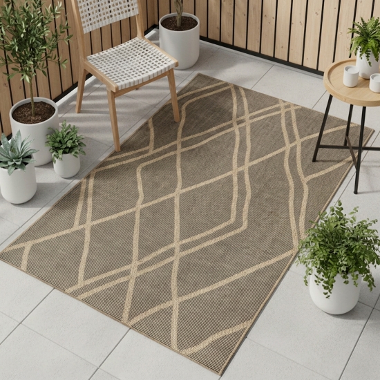 Preview: Teppich Outdoor grafisches Linien Design wetterfest Terrasse Balkon Braun Beige