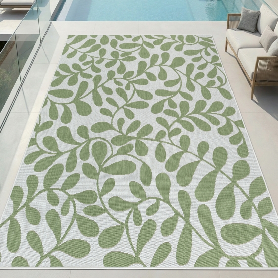 Outdoor Teppich Grün Weiß mit Blättermuster für Balkon Terrasse