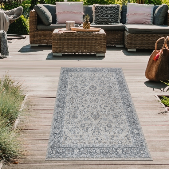 Preview: Teppich Vintage Ornamentmuster Outdoor Wohnzimmerteppich grau