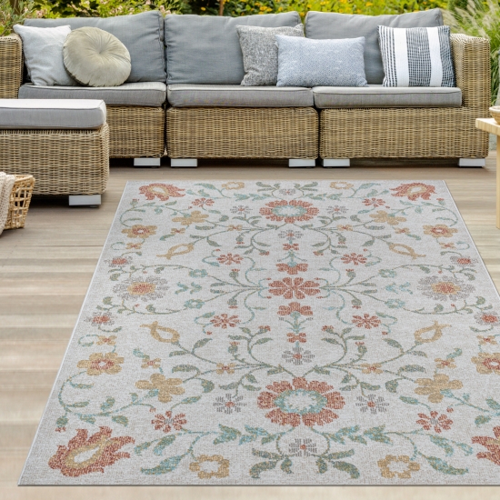 Teppich Outdoor Wohnzimmerteppich creme mit buntem Blumenmuster
