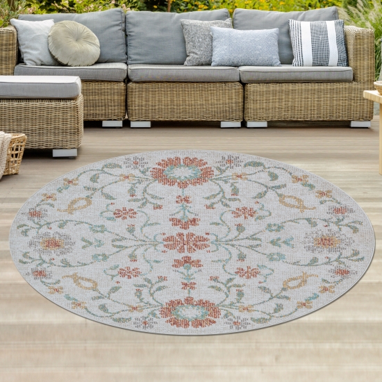 Preview: Teppich Outdoor Wohnzimmerteppich creme mit buntem Blumenmuster