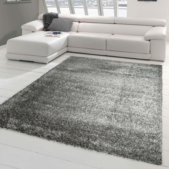 Shaggy Teppich Hochflor Langflor Teppich Wohnzimmer Uni Design Creme Silber Grau