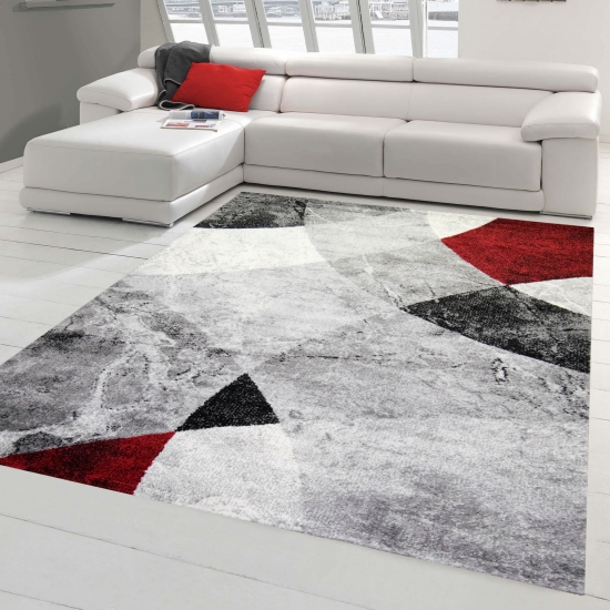 Moderner Wohnzimmer Teppich abstraktes Wellen Rauten Design marmoriert in rot grau - pflegeleicht