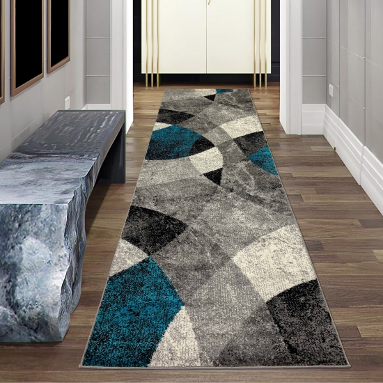 Moderner Wohnzimmer Teppich abstraktes Wellen Rauten Design marmoriert in blau grau - pflegeleicht
