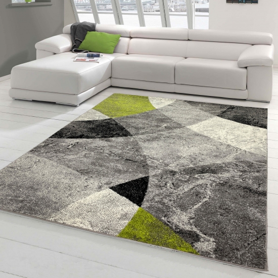 Moderner Wohnzimmer Teppich abstraktes Wellen Rauten Design marmoriert in grün grau - pflegeleicht